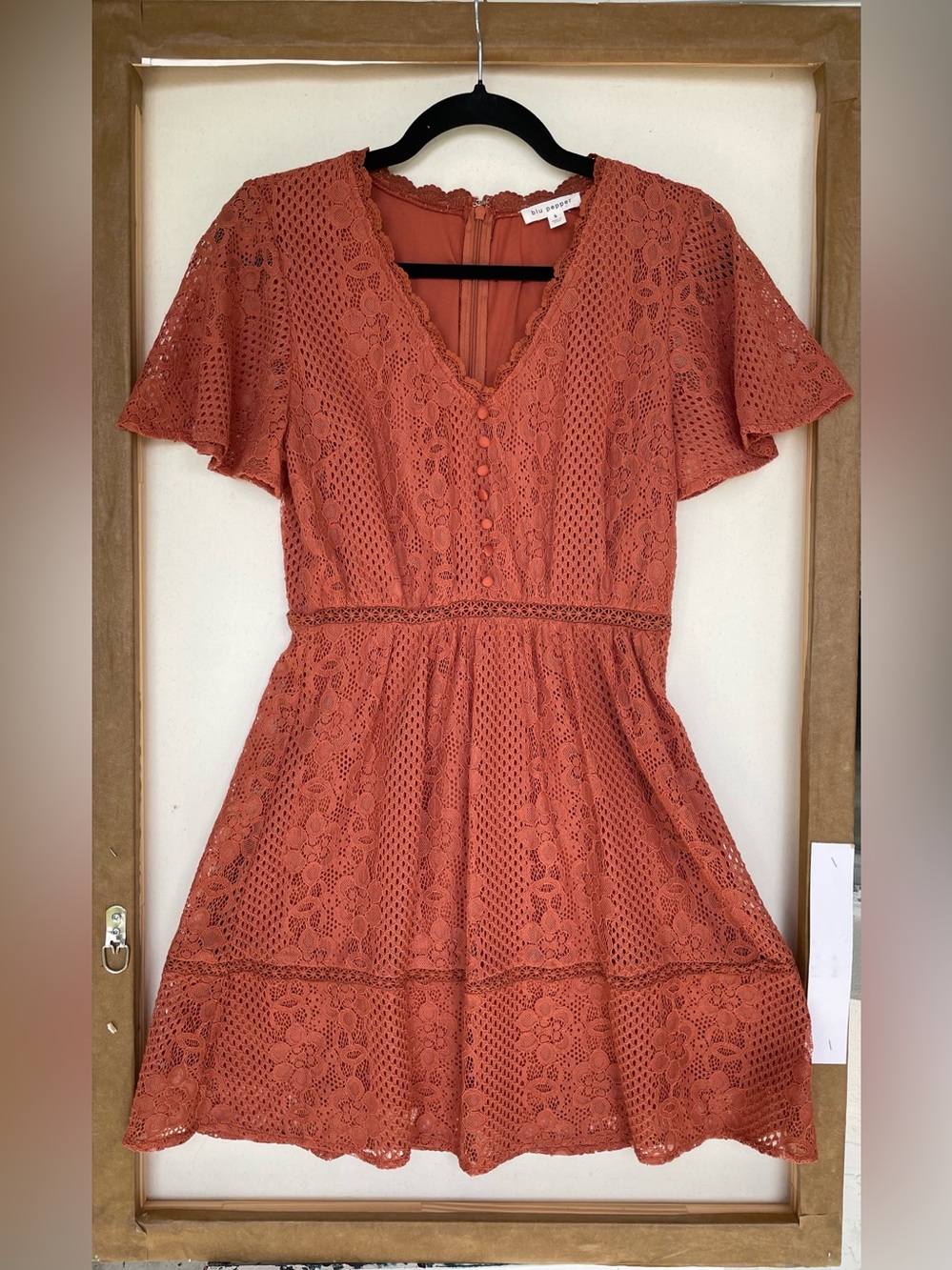 🧡Blue Pepper Burnt Orange Lace V Neck Mini Dress with Flutter Sleeves